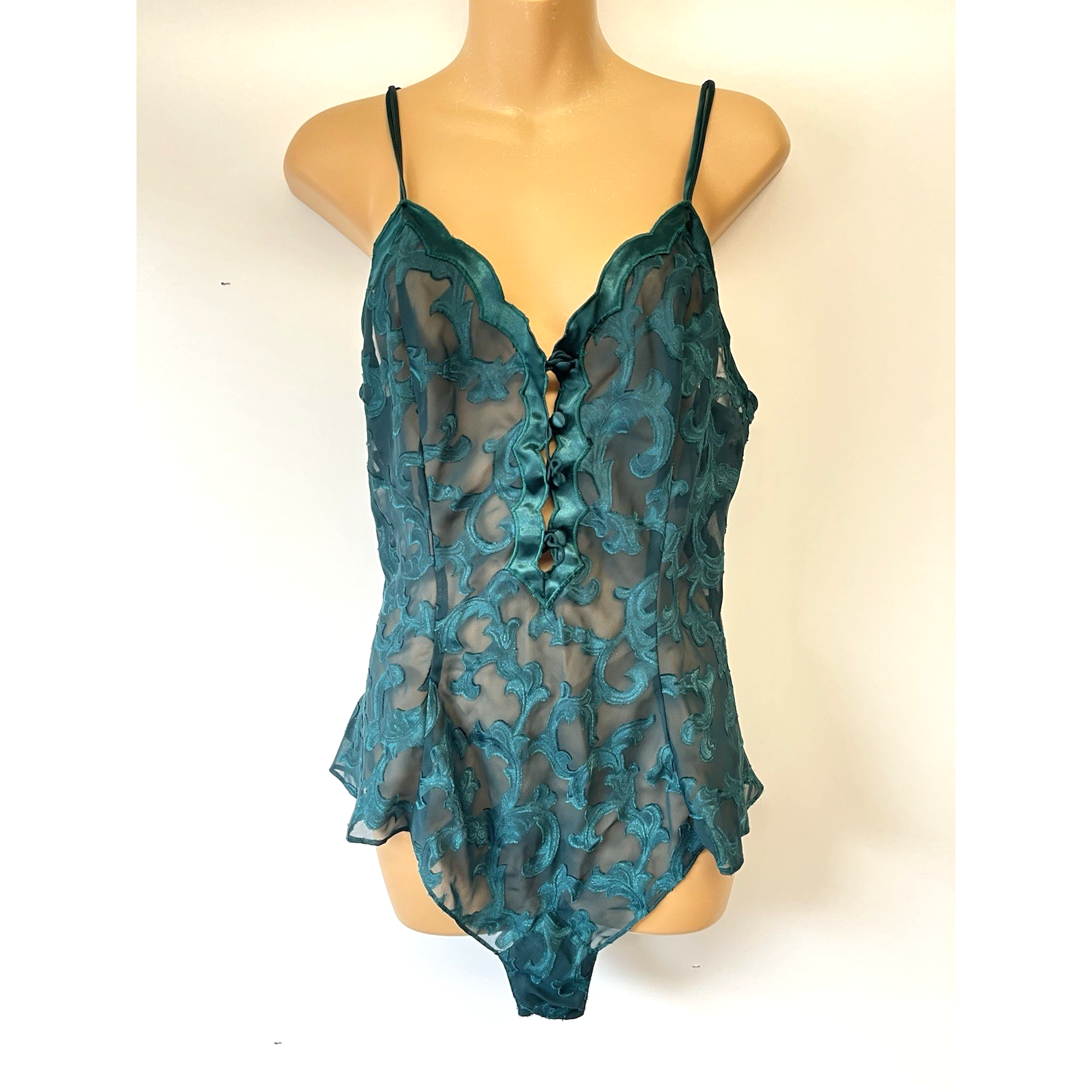 Victorias Secret Gold Label Satin Teddy Bodysuit Emerald Velvet Burnout Lace M